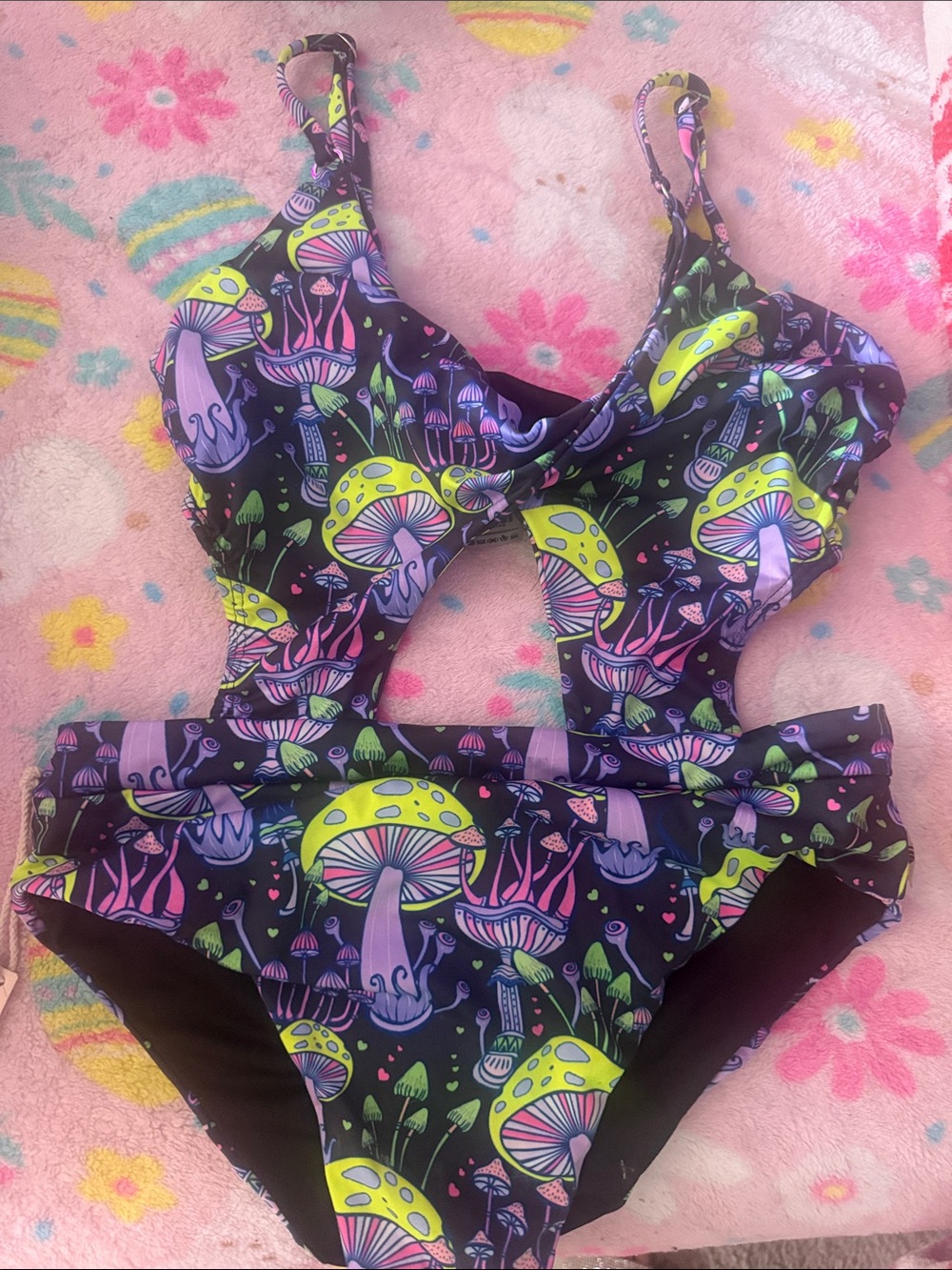 Neon Mushroom Print Cutout One-Piece Swimsuit - Purple/Black
